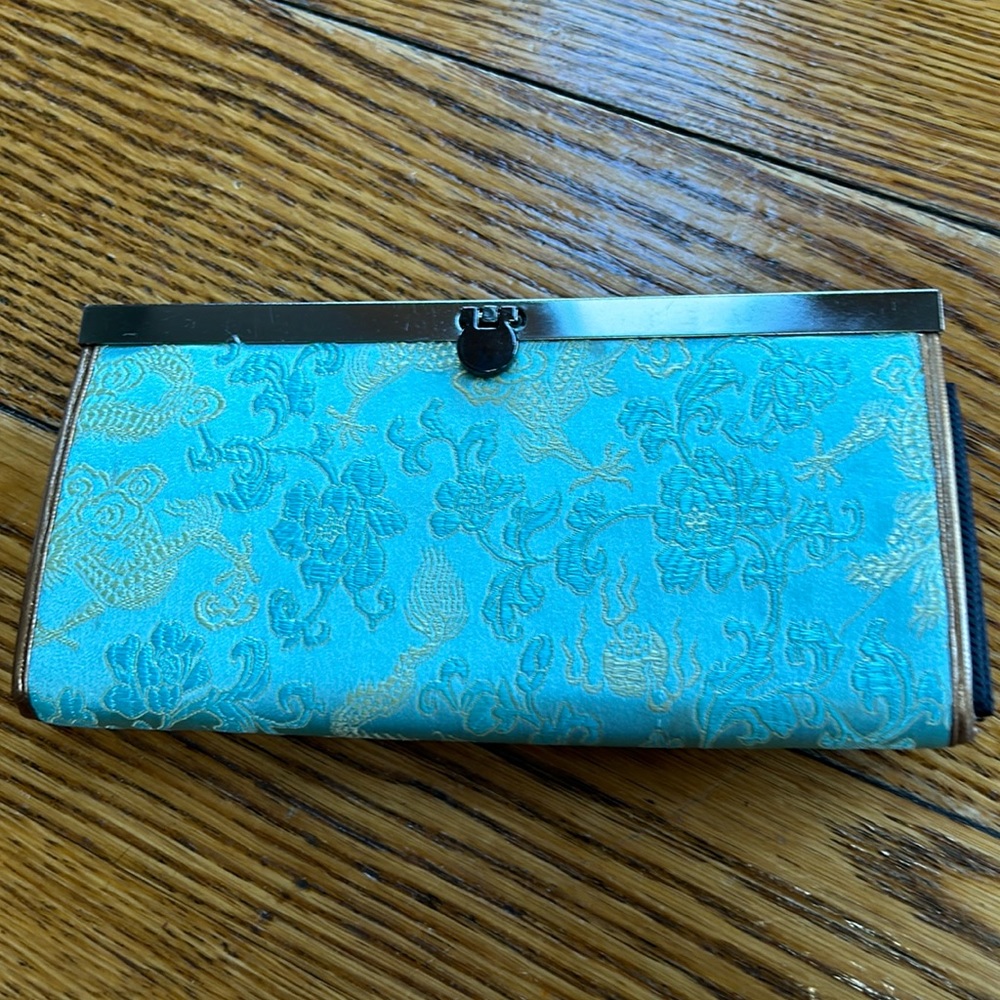 Satin tapestry wallet. Light blue and gold, floral and dragons.
